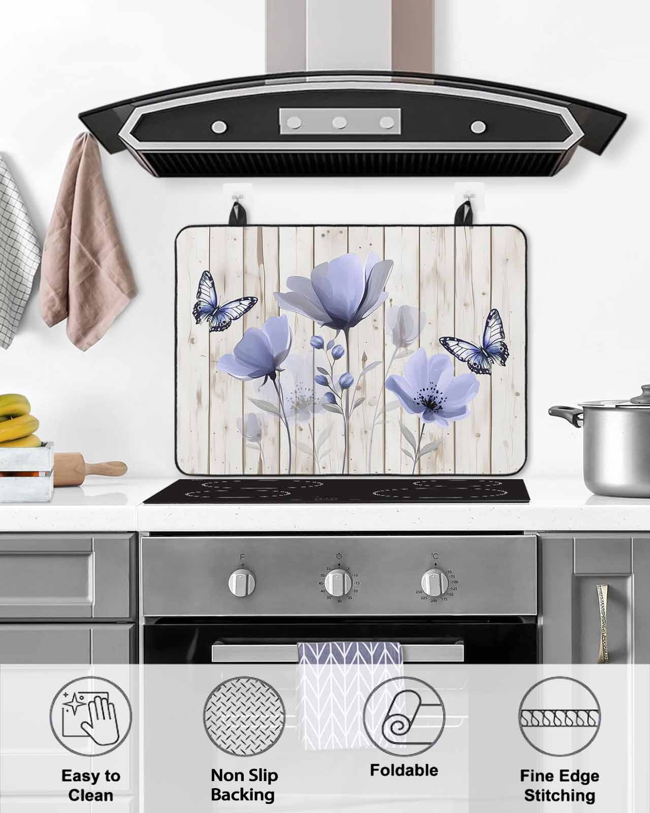 nqOlkjepod Large Induction Cooktop Protector Mat 36"x21", Purple Tulip Stove Top Covers for Electric Stove, Spring Flowers Butterfly Wooden Grain Stove Burner Cover Mats, Glass Top Stove Cover