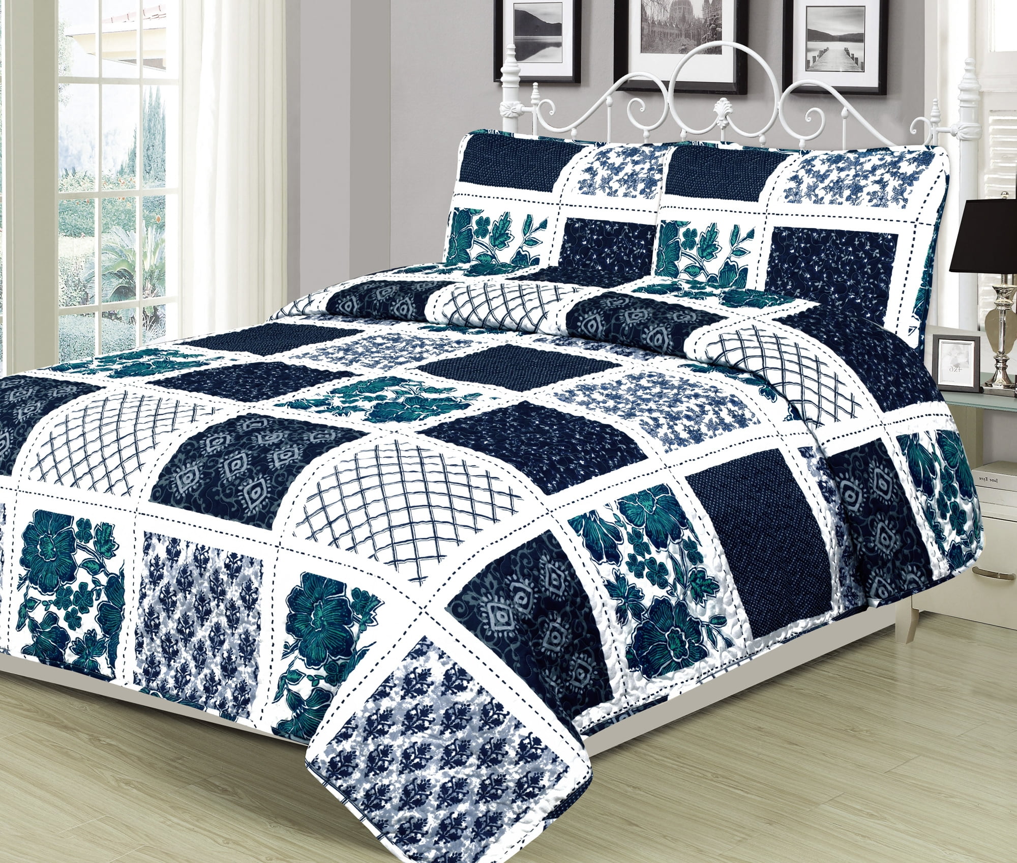 King Quilt Patchwork Navy Blue White And Teal Bedspread Coverlet