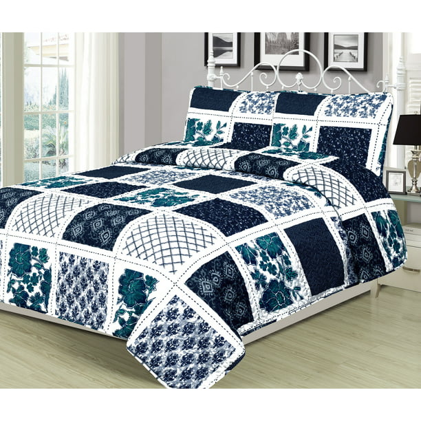 King Quilt Patchwork Navy Blue White And Teal Bedspread Coverlet