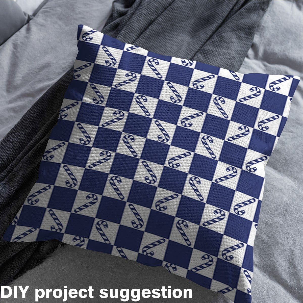 Homewish Merry Christmas Fabric by the Yard 2 Yard,Geometric Plaid Grid Room Decor Fabric by the Yard,Blue Candy Cane Fabric for Sewing For Girl Boy,Microfiber Bedroom Decor