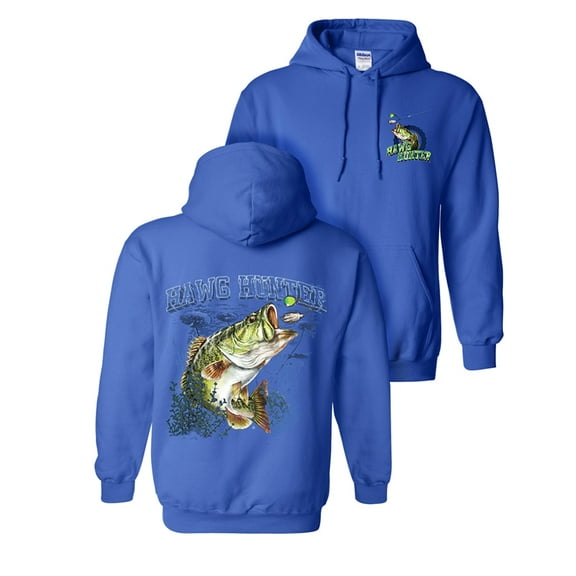 Follow the Action Largemouth Bass "Hawg Hunter" Two-Sided Hooded Fishing Cotton Blend Sweatshirt (XXX-Large) Royal Blue