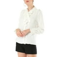 thumbnail image 4 of Unique Bargains Women's Ruffle Neck Tie Neck Ruffle Cuff Button Front Solid Work Shirt, 4 of 5