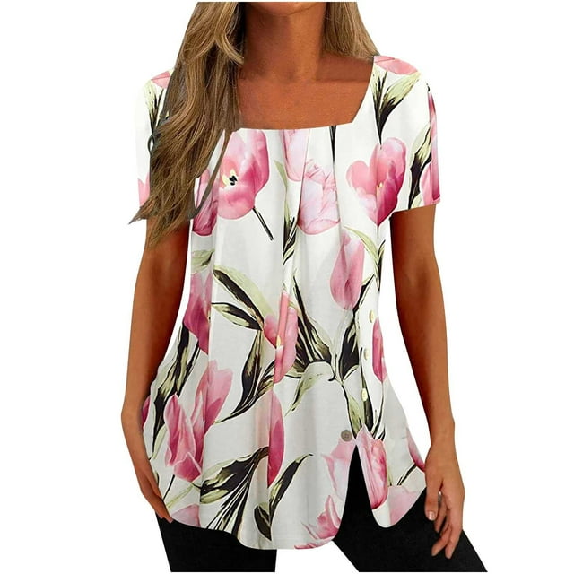 DPTALR Womens Casual Printed Square Neck Short Sleeve Buttons Tops Loose Blouses