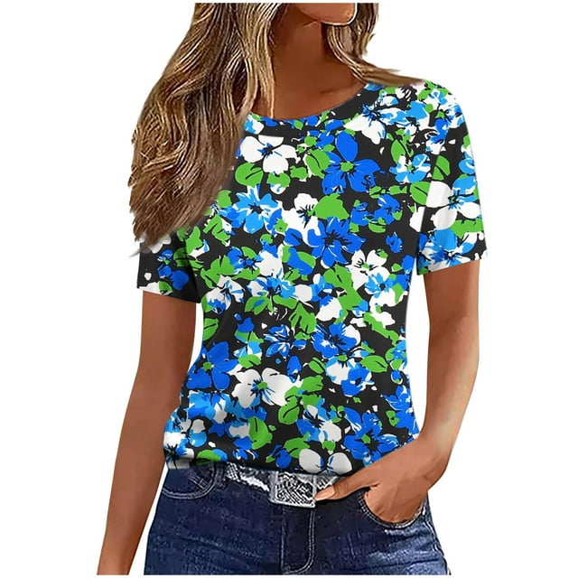 Pisexur Hauts pour Femmes, Hauts de Printemps pour Femmes 2025, Hauts pour Dames, T-shirt Imprimé Décontracté et Tendance pour Femmes avec Col Rond et Manches Courtes Vert, P
