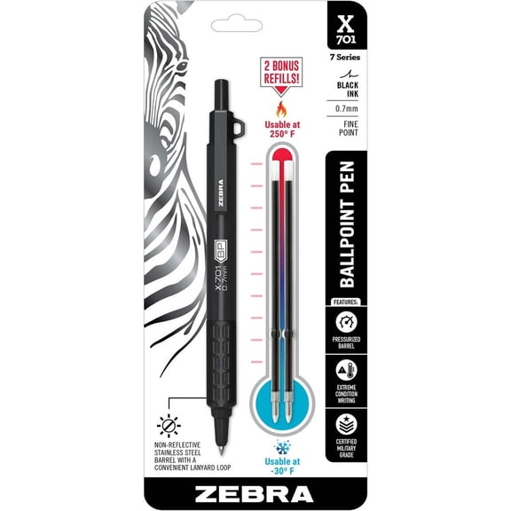 Zebra Pen X-701 Tactical Retractable Ballpoint Pen, 0.7 mm, Black