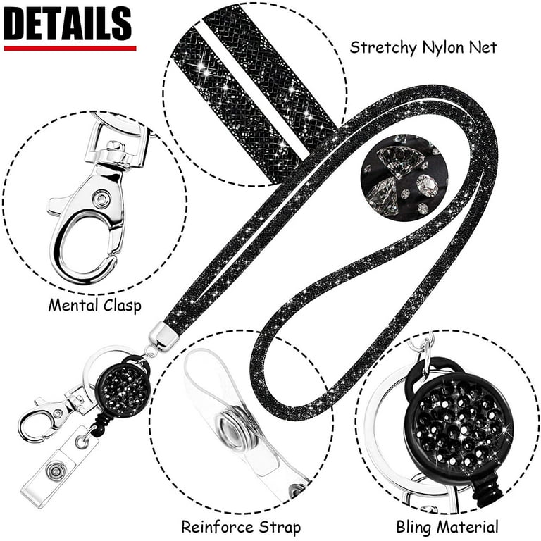 Lanyard Crystal Necklace Keychain, Bling Rhinestone Crystal Lanyard  Transparent Badge Holders And Lanyard For Id Badge (Black) 