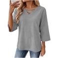 thumbnail image 2 of Tusihei Women V Neck 3/4 Sleeve Casual Tops Loose Fit Boho Pullover Tee Solid Basic Comfy Summer Fall Outfits Beach Blouse, Gray XL, 2 of 8