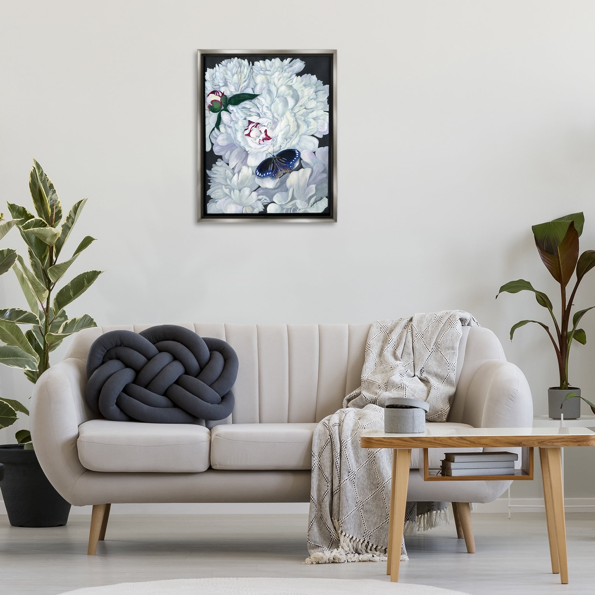 Stupell Industries Vintage Peony & Butterfly Animals & Insects Painting Gray Floater Framed Art Print Wall Art, 25 x 31