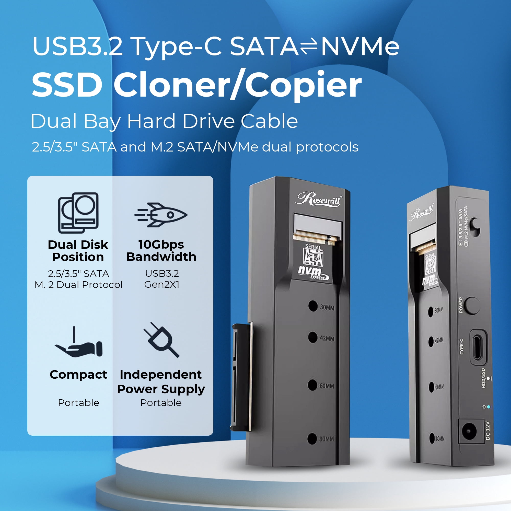 Rosewill NVME to 2.5'' 3.5'' Offline Clone Enclosure,M.2 to SATA SSD HDD Cloner, USB-C Type-C Max 10Gbps Standalone Clone Duplicator - RS-NS-CL