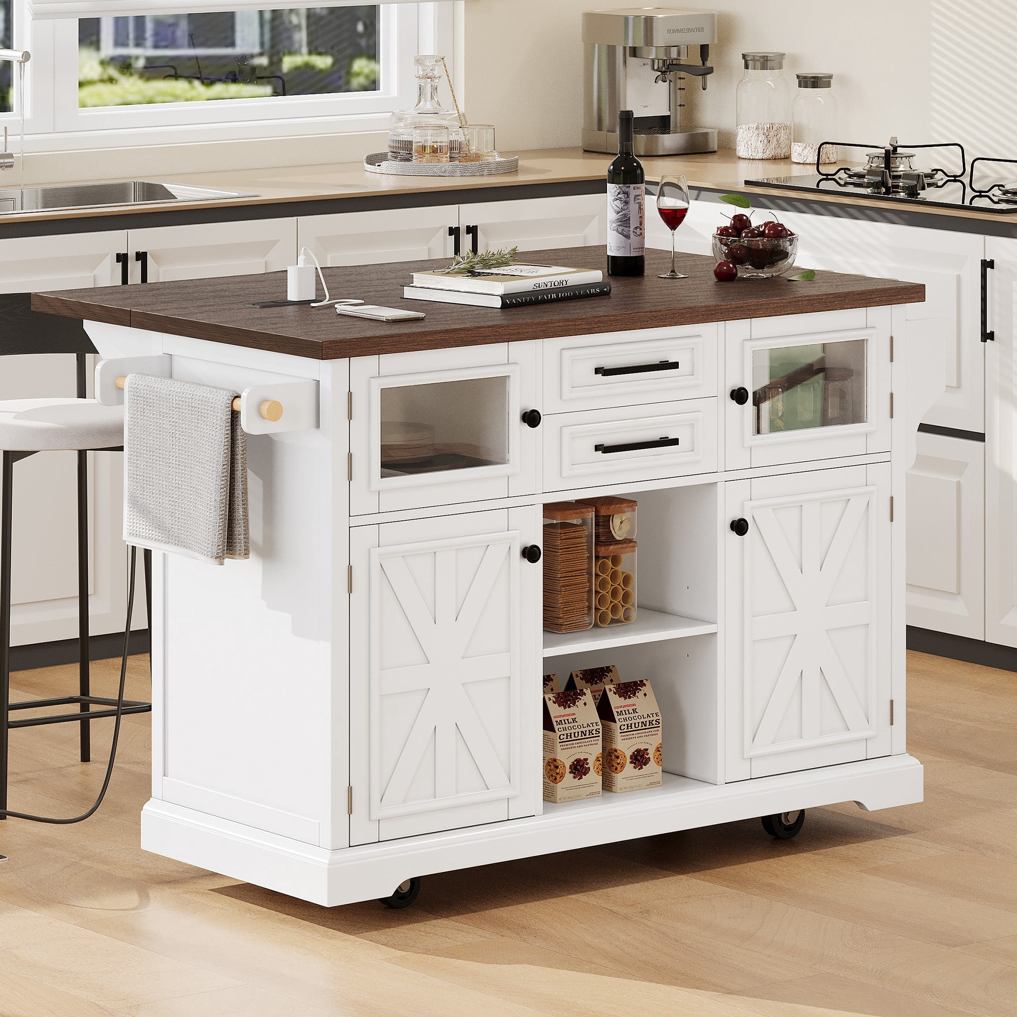 Harper & Bright Designs Kitchen Island with Drop Leaf and Wheels, Kitchen Storage Cart with 4 Door Shelves, Farmhouse Rolling Kitchen Island with Power Outlet and Visual Glass Door, White
