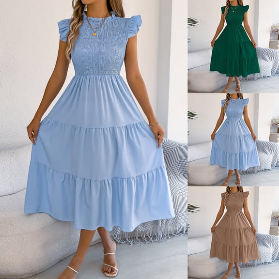 XUNKUSGA Womens Dresses Summer Casual Mock Neck Ruffle Sleeve Flowy Maxi Dresses Classic Soild Color Tiered Cocktail Dress Comfortable Soft Prom Dress,Blue,S
