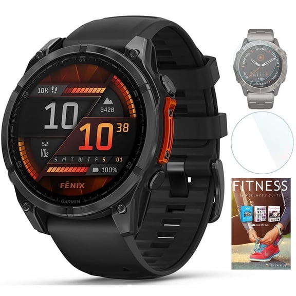 Garmin 010-02904-00 Fenix 8 47 mm AMOLED Slate Gray with Black Silicone Band Bundle with Tech Smart USA Fitness & Wellness Suite and Deco Essentials 1.4 Inch Screen Protector for Garmin Fenix 6