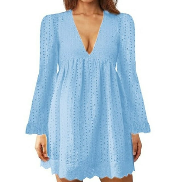 MAWCLOS Ladies Loose Hollow Out Mini Dresses Party Flared Sleeves Short Dress Light Blue 2XL