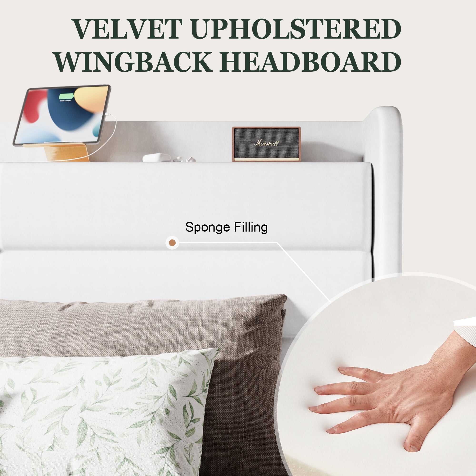 Amolife King Size Upholstered Platform Bed Frame with Velvet Wingback Headboard & USB Charging Ports, No Box Spring Needed, White