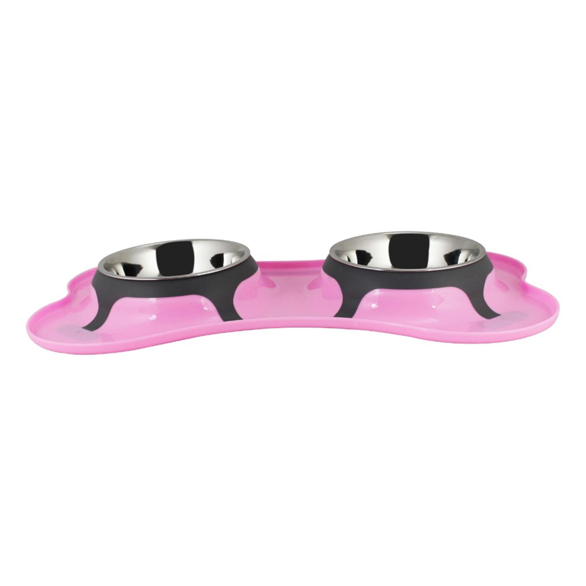 Pefilos 13.5 oz Bone Shaped Plastic Pet Double Diner with 2 Stainless Steel Dog Bowls for Feeding Small Medium Dogs Cats Puppies, Pink Pefilos 13.5 oz Bone Shaped Plastic Pet Double Diner with 2 Stainless Steel Dog Bowls for Feeding Small Medium Dogs Cats Puppies, Pink