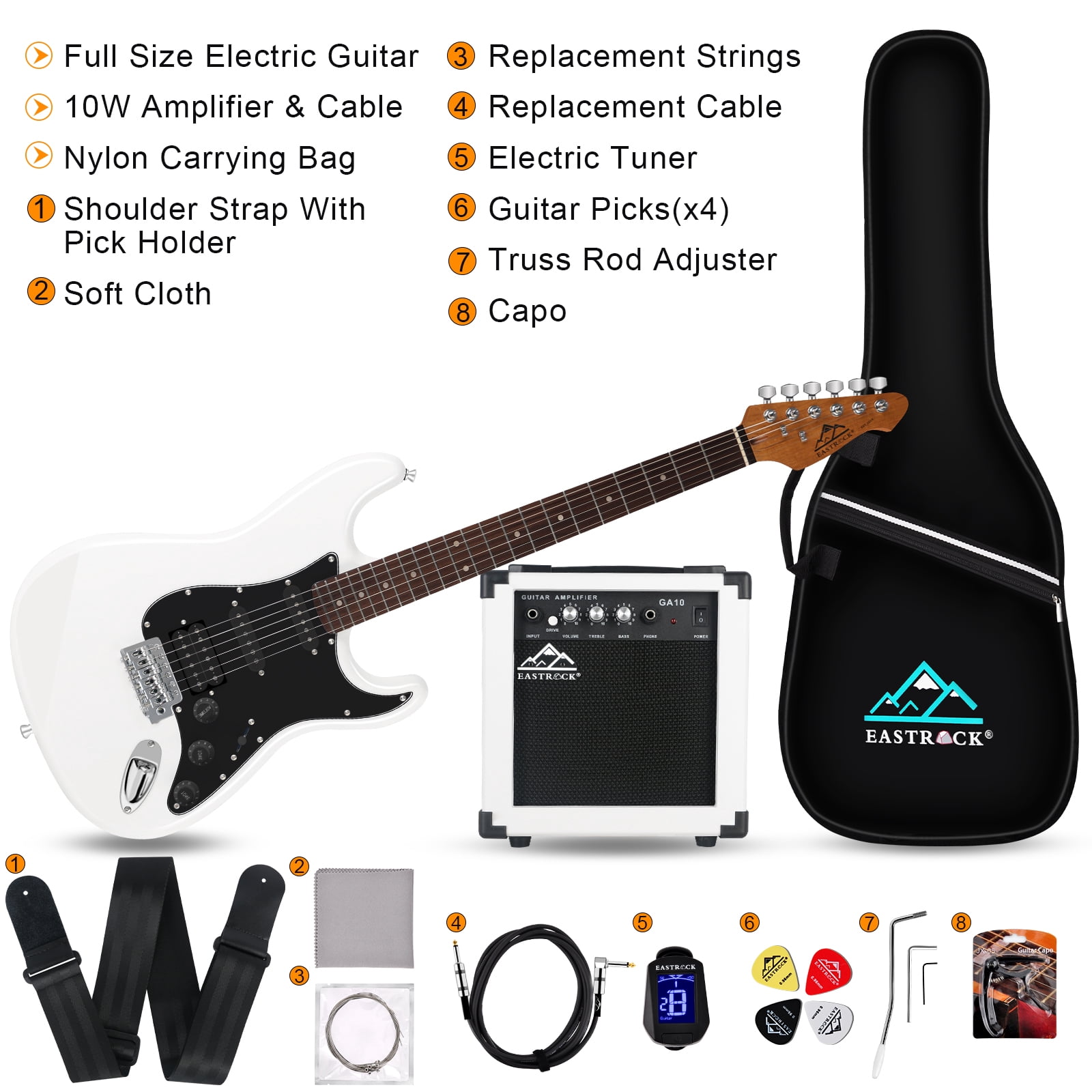 EASTROCK Electric Guitar Kits for Beginner HSS Pickup 39" Full-Size Solid Alder Body with Amp & Bag & Shoulder Strap,White