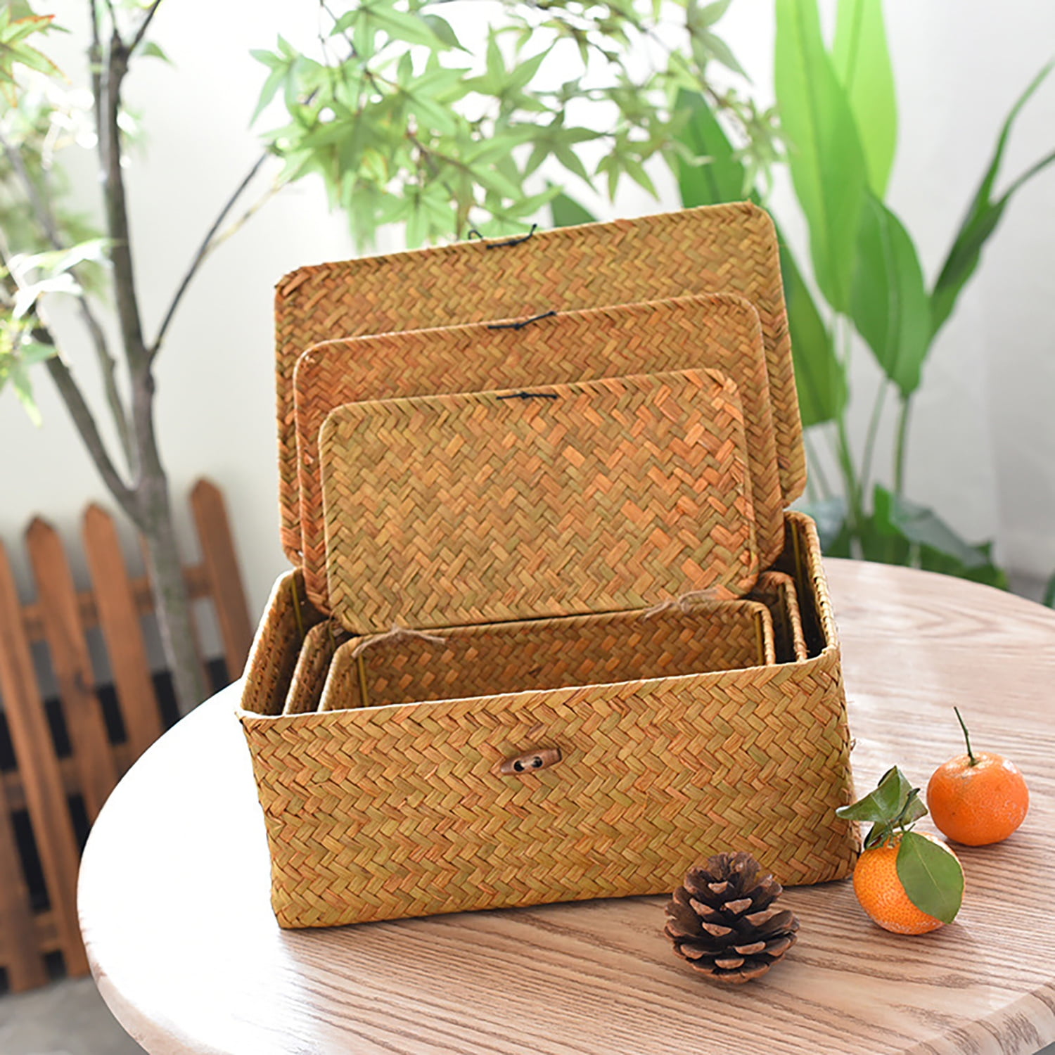 Asunby 3-Piece Wicker Storage Basket Set with Lids, Woven Rattan Baskets for Shelves, Stackable Seagrass Storage Bins for Laundry and Organization