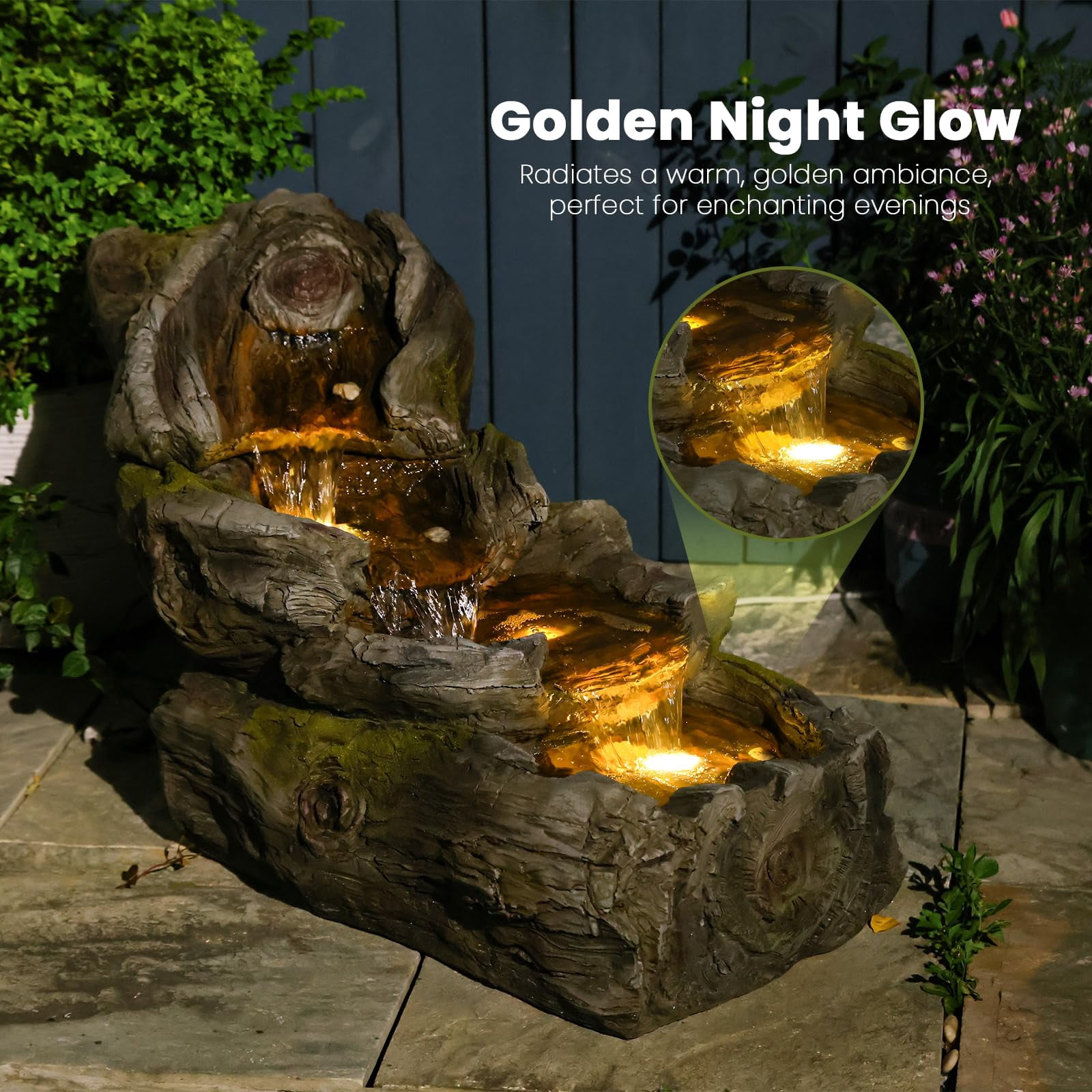32.5" L Garden Outdoor Water Fountain, Floor Standing Cascading Realistic Tree Trunk Natural Waterfall Outdoor Fountains with LED Lights for Patio, Porch, Home Art Decor