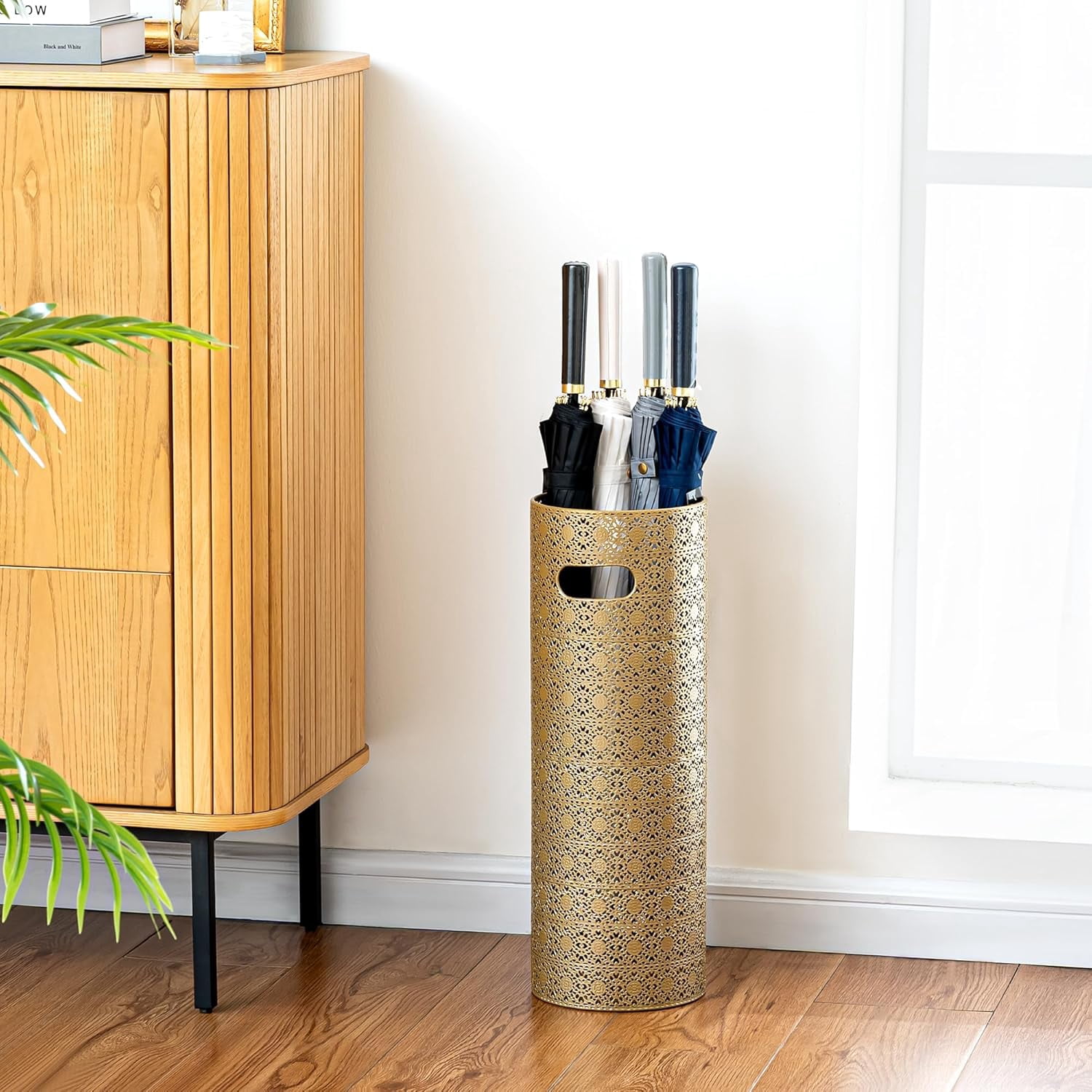 Concepts 21 Inch Heavy Duty Metal Umbrella Stand, Decorative Umbrella Holder for Entryway, Indoor Outdoor Umbrella Organizer Storage Rack for Home Office Patio- Gold Lace