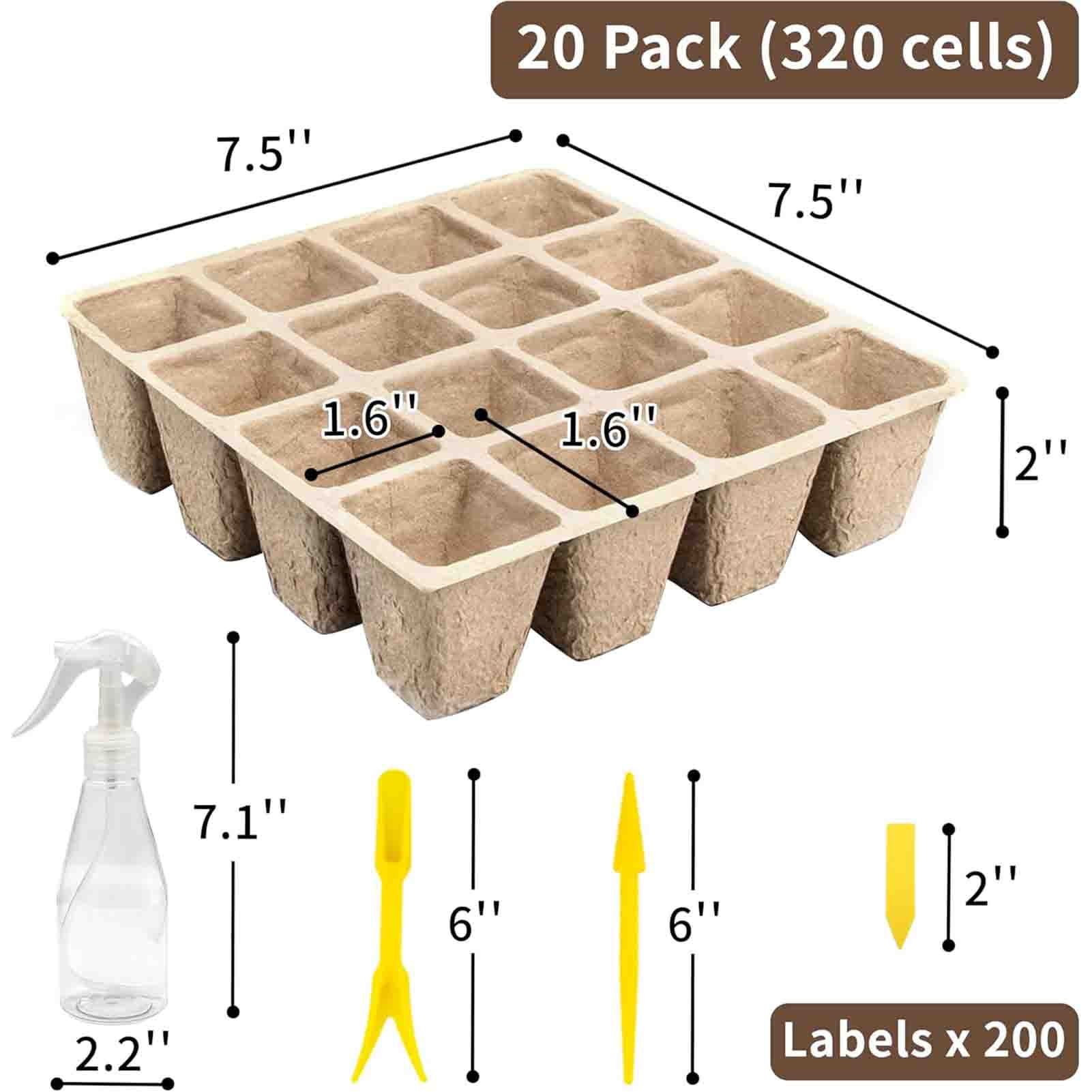 320Cells Seedling Start Trays with Drain Holes,20pcs Peat Pots Seedling Pots Biodegradable,Seedling Starter Kit,Organic Germination Plant Starter Trays(200xLabels,2xTransplant Tools,1xSpray Bottle)