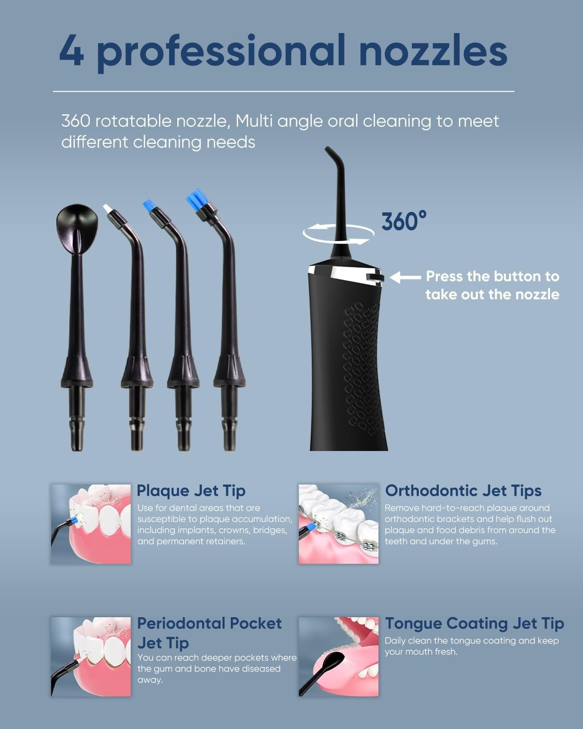 MySmile LP211 Cordless Water Flosser Oral Irrigator Portable Dental Flossing, 8 Jet Tips, Black