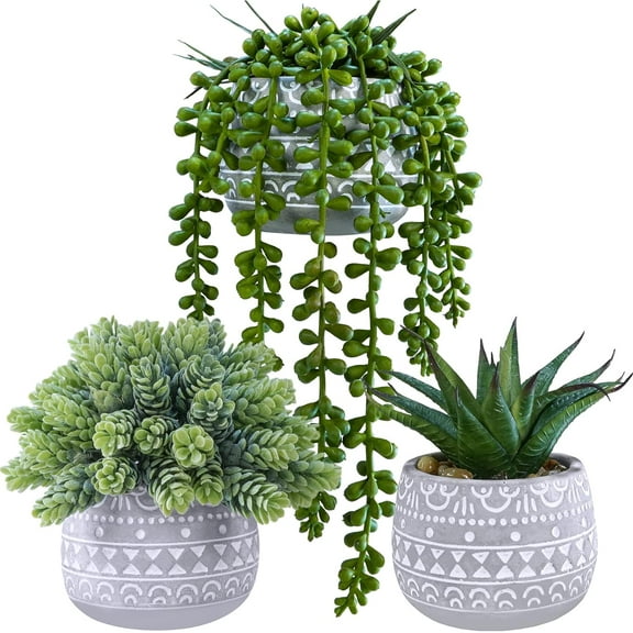 3 Pcs Assorted Small Potted Succulent Plants Artificial Aloe Hops String of Pearls Succulents in Gray Geometric Concrete Pots for Gifts Table Shelf Windowsill Indoor Outdoor Greenery Decor