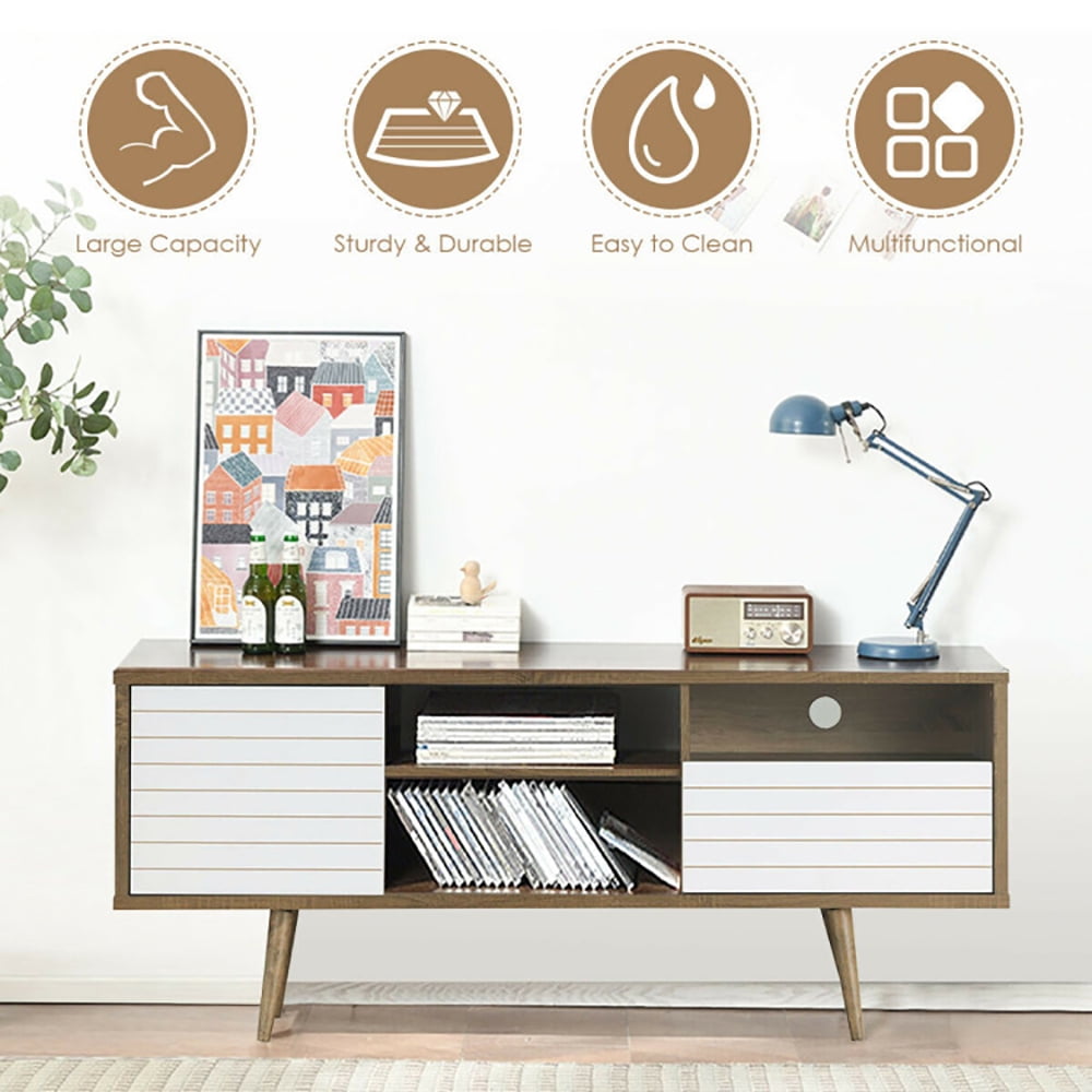 Finihen TV Stand, TV Cabinet, Mid-Century Modern TV Stand for TVs up to 65 Inch, Media Entertainment Center with Storage, for Living Room, Bedroom, Walnut & White