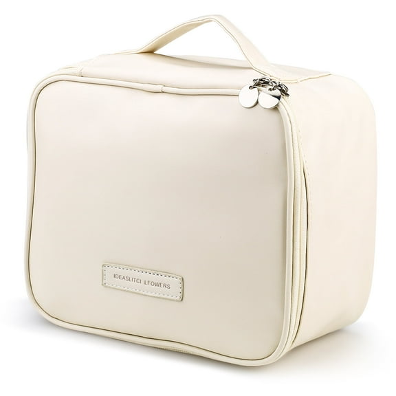Large Capacity Travel Makeup Bag, Portable PU Leather Cosmetic Bags for Women, Travel Toiletry Bag Case with Adjustable Dividers for Cosmetics Brushes Tools Jewelry (Beige)