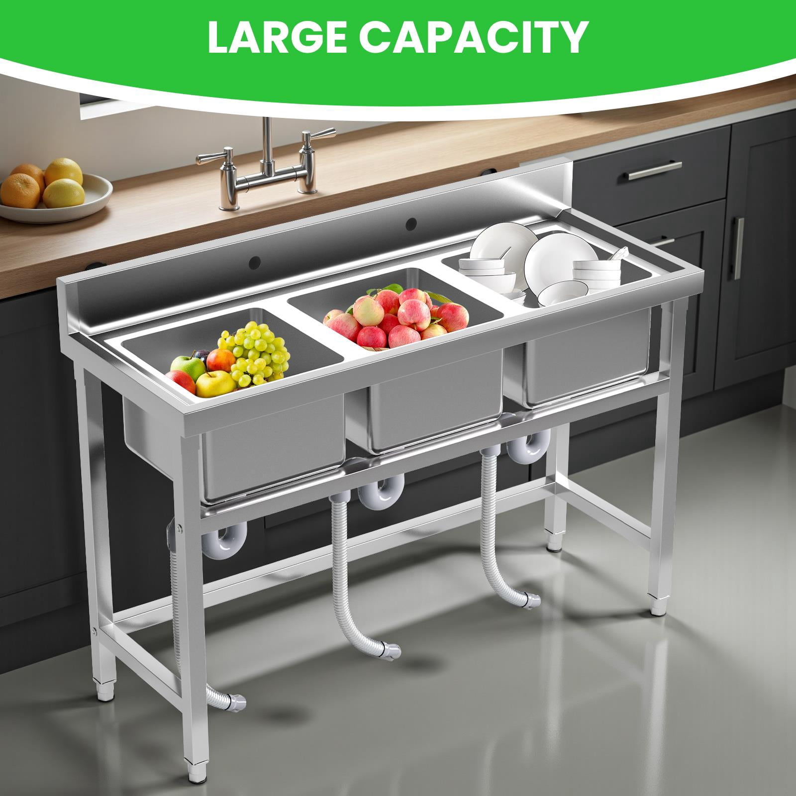 Heavy Duty 3-Compartment Kitchen Sink Stainless Steel Commercial Utility Sink Free Standing Outdoor Sink Large Capacity Wash Sink 51" x 31.5" x 19.7" for Catering, Kitchen, Garage