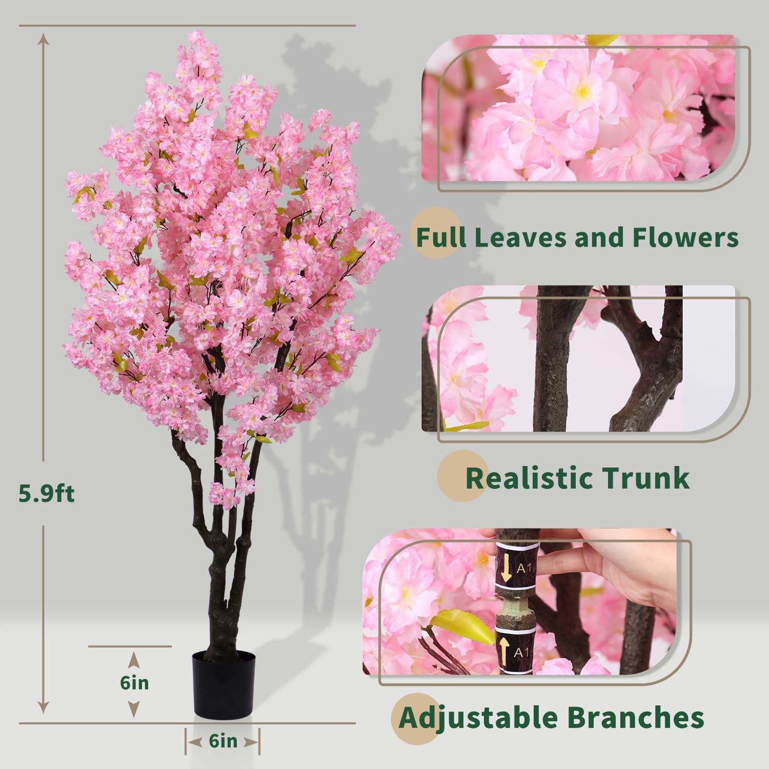 6ft Artificial Cherry Blossom Tree Plastic Flower Faux Leaves Plant Handmade Light Pink Cherry Fake Tree Artificial Plants for Home Office Indoor Outdoor Spring Party  Wedding Decor