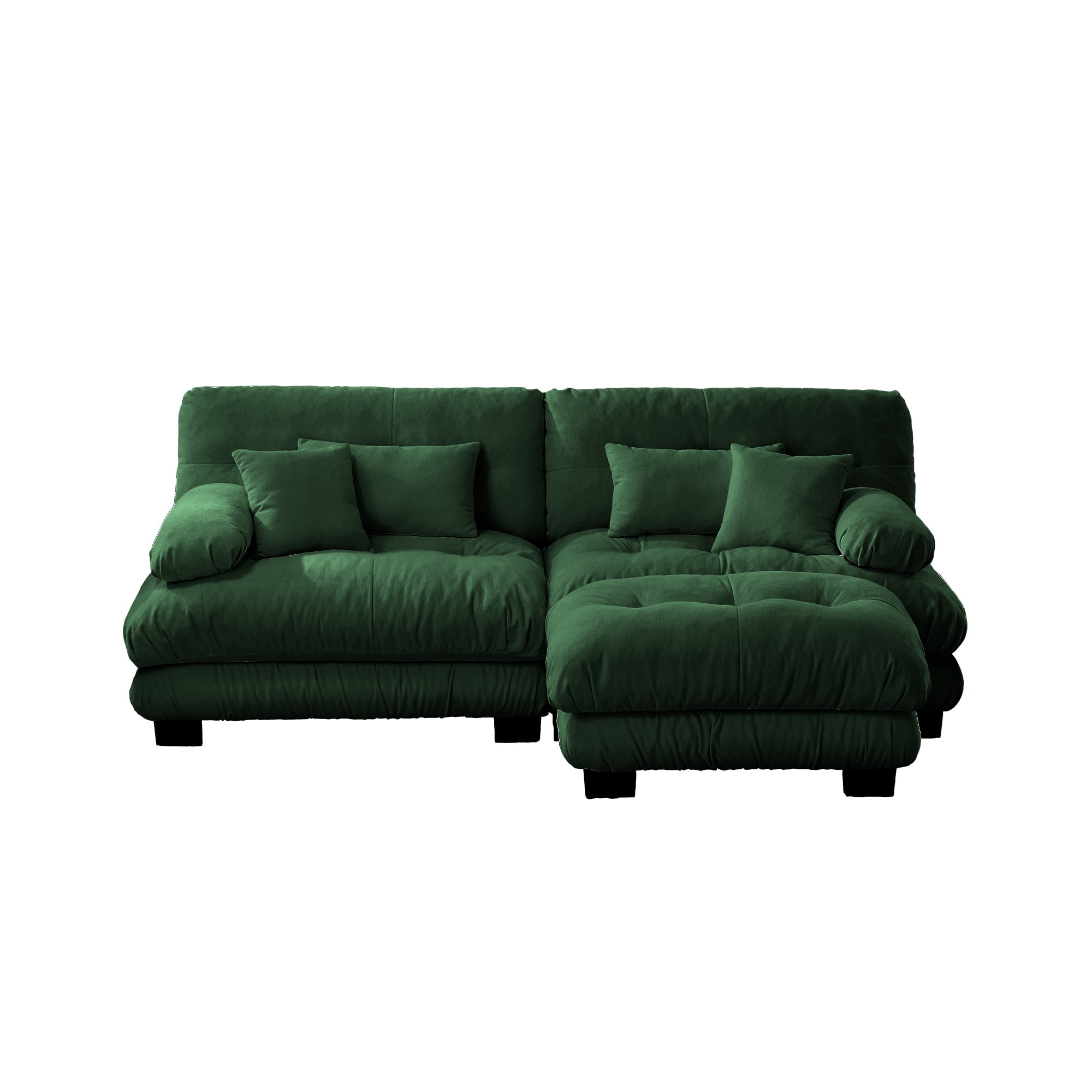 Gewnee 94.4" Chenille Cloud Couch 2-Seater Sectional Sofa, Soft Upholstered Sofa with Ottoman, 2 Lumbar Pillows & 2 Throw Pillows for Living Room, Green