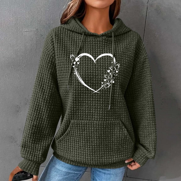 Lolmot Women's Pullover Sweatshirt Drawstring Heart Printed Waffle Hoodie Long Sleeve Tops with Pocket
