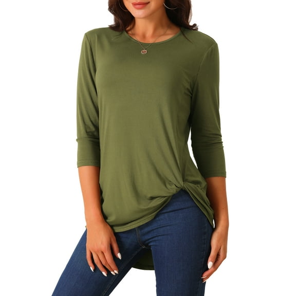 DARING DIVA Women's Tunic Top Crewneck 3/4 Sleeve Asymmetrical Blouse Army Green S