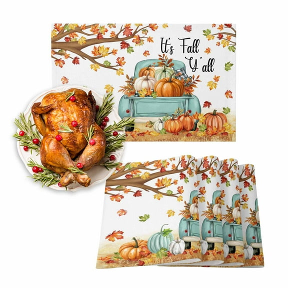 Fall Placemats Set of 4 Harvest Pumpkin Truck Place Mats Thanksgiving Placemat Maple Leaves It's Fall Y'all Table Mats for Dining Kitchen Table Holiday Dinner Party Home Fall Decorations 13x19 Inch