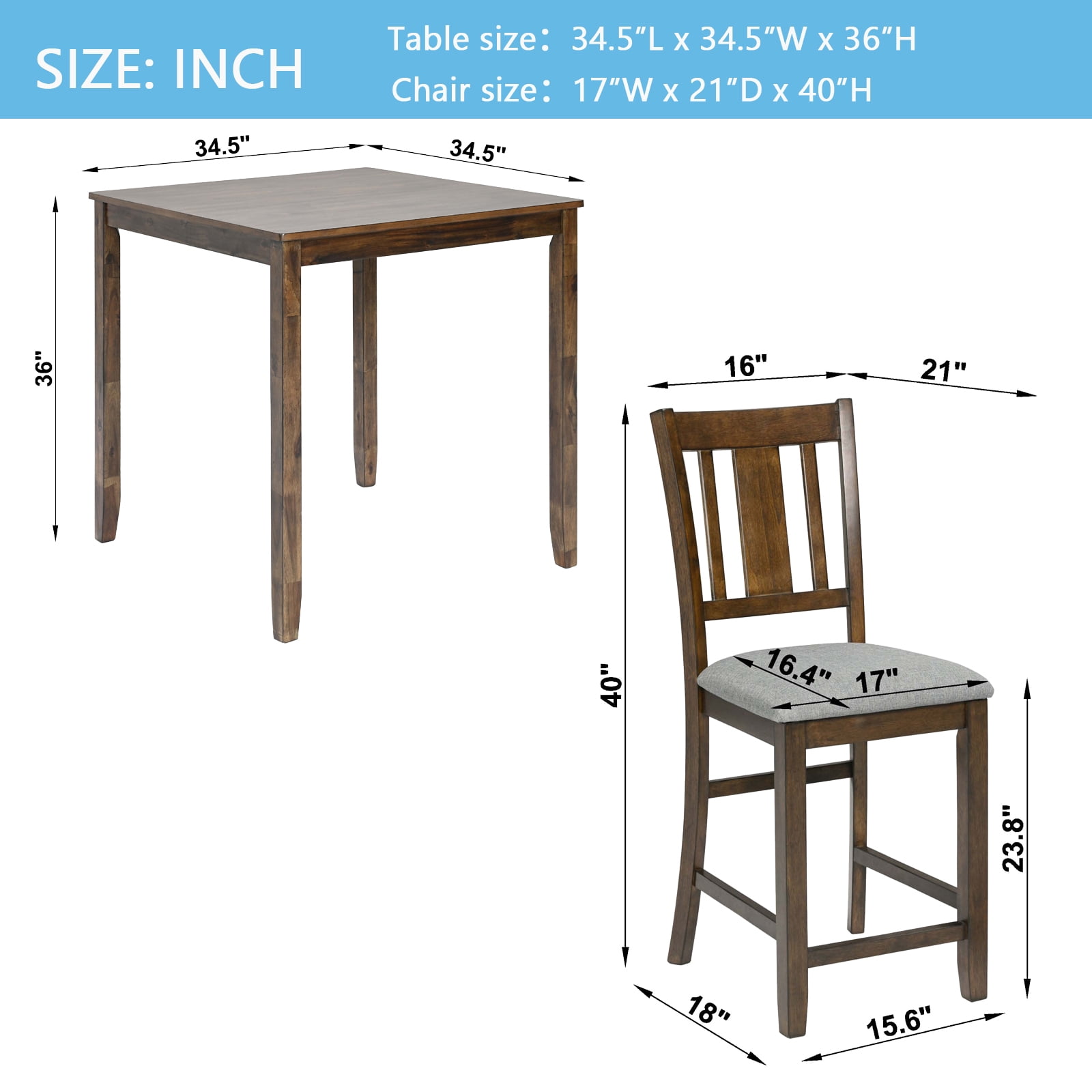 MAYEERTY 5 Piece Dining Table Set, Wooden Dining Square Table Set for 4, Counter Height Kitchen Table Set with Square Table and 4 Upholstered Chairs for Small Space, Walnut