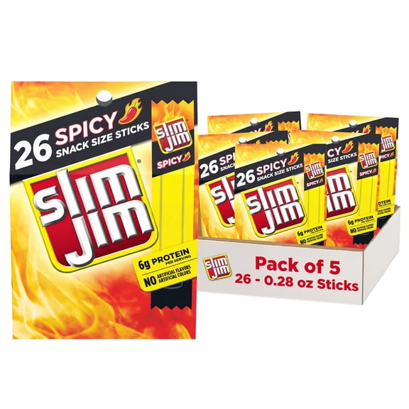(5 pack) Slim Jim Smoked Meat Sticks, Spicy Flavor, 6g Protein Per Serving, Snack Size, Father's Day Snack Gift for Dad, 0.28 oz. (26 Count)