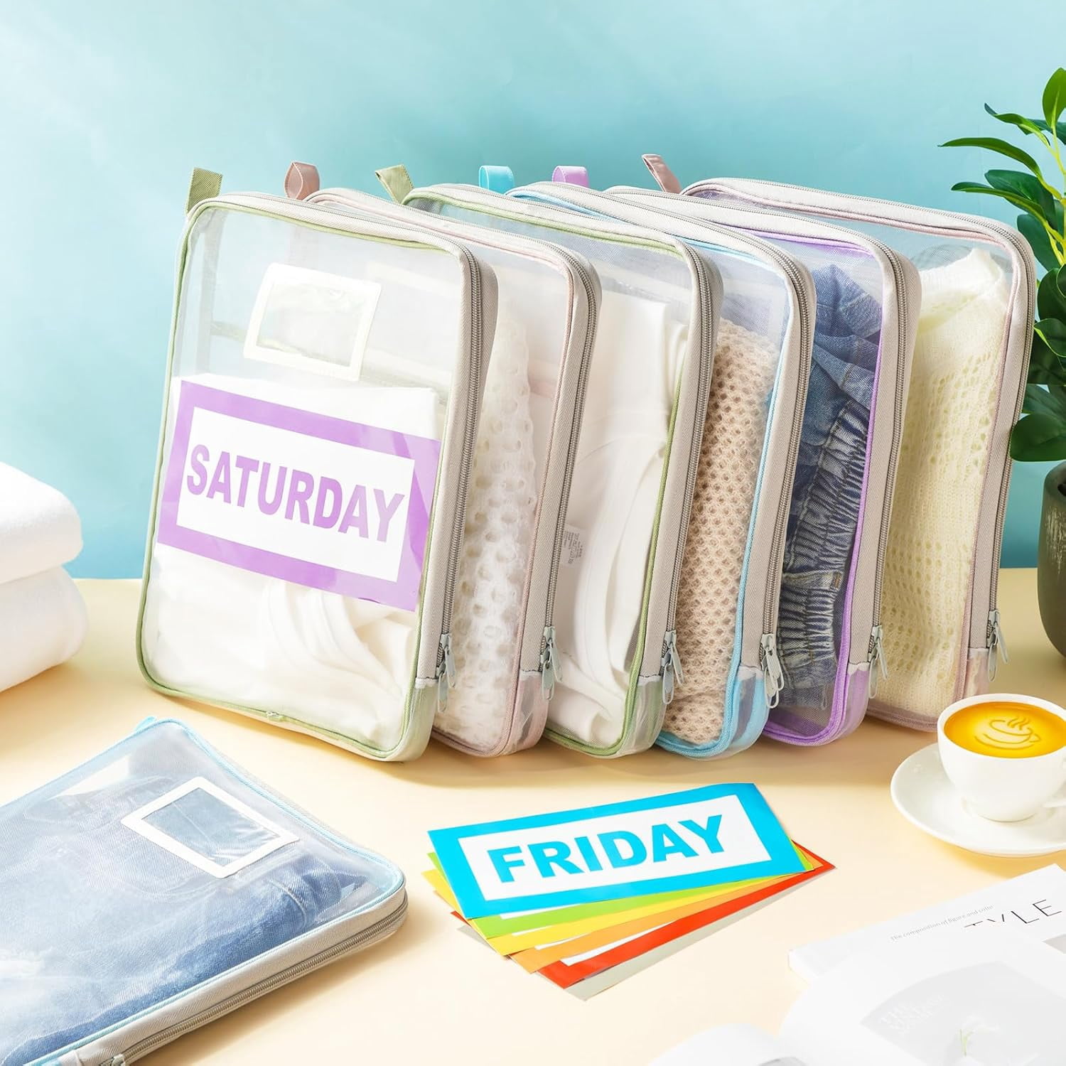 FEIYONG 7Pcs Weekly Packing Cubes Set, Clear Zippered Travel Storage Bags, Lightweight Portable Clothing Organizer Pouches for Summer Camp Travel