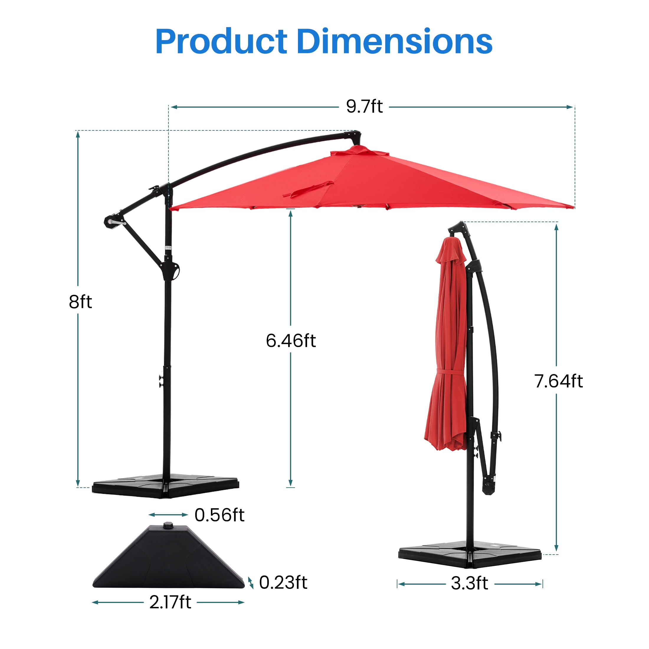 SHOUFTW 10 ft Offset Outdoor Patio Umbrella with Base, Easy Tilt & Crank, Adjustable Polyester Shade for Garden, Backyard, Poolside, Red