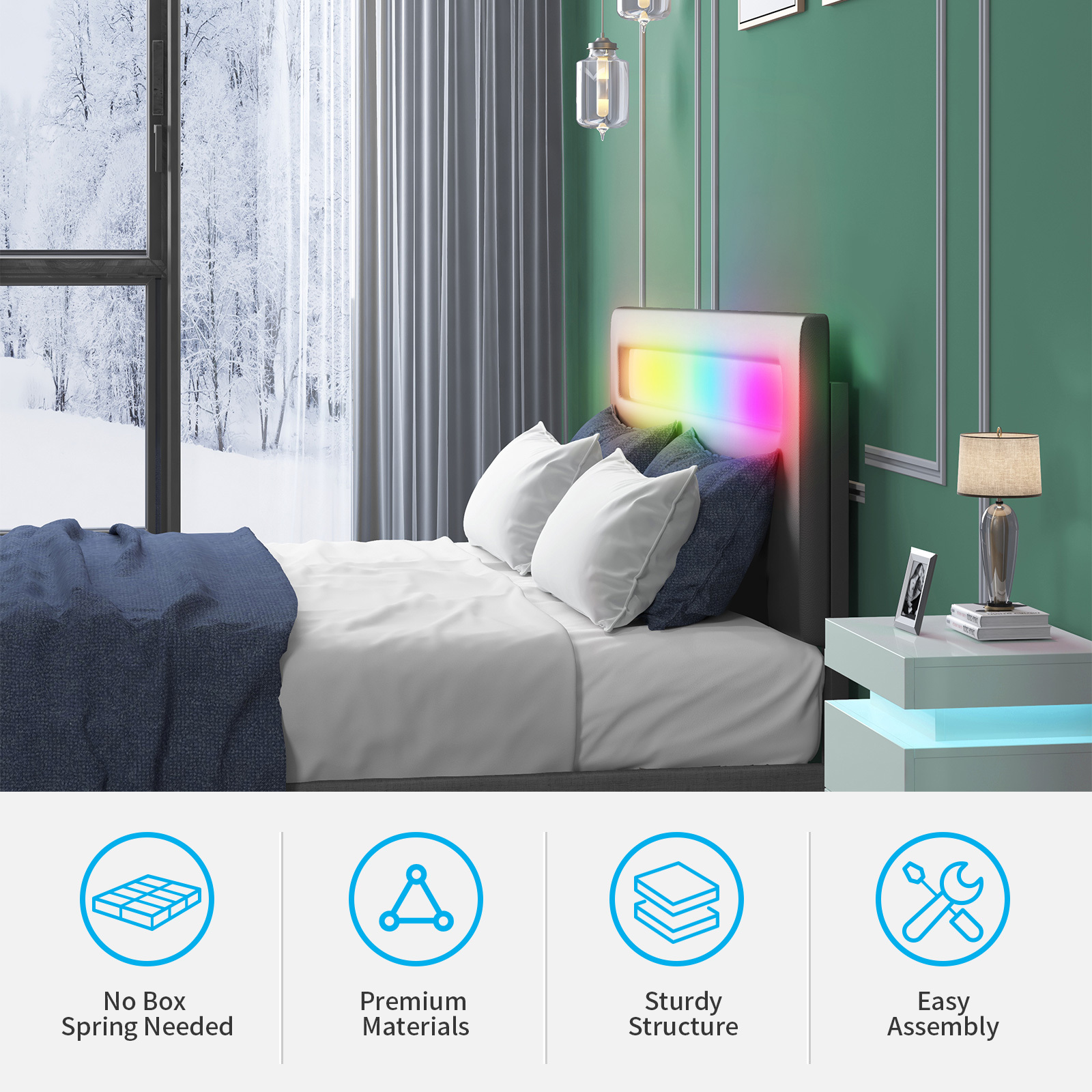 Mjkone Platform Bed Frame with Smart LED Strip Light, Full Size Bed Frame with RGB LED Headboard, RGB LED Light Controlled by Alexa or APP, Full Bed Frames Adjustable Lighting Effects (Full, Grey) - image 2 of 10