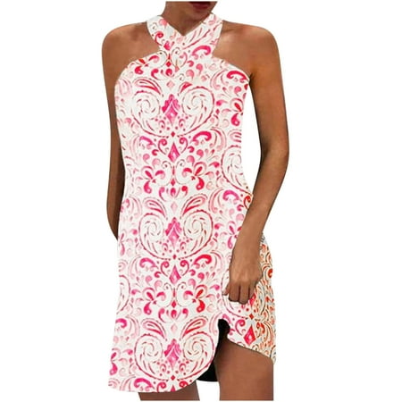 

Wyongtao Womens Sumemr Dresses Casual Summer Halter Sleeveless Mini Dress Ethnic Printed Sexy Hanging Neck Dress XL