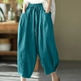 thumbnail image 2 of Lovskoo Wide Leg Pants for Women Cotton and Linen Summer Casual Loose Pocket Casual Pants Solid Color Pants Home Seven Pants Blue, 2 of 5