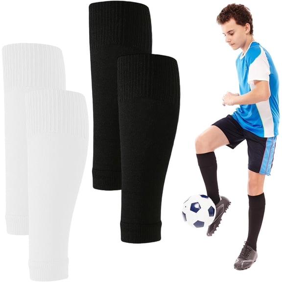 2 Pairs Pre Cut Soccer Socks Shin Guard Sleeves, Compression Leg Sleeves for Men Women Youth, Elastic Calf Support Socks & Breathable Football Guard Holders Black White