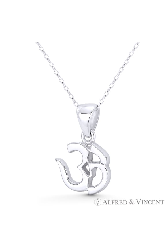 Om Aum Symbol Hindu / Buddhist Charm 25x15mm (1x0.6in) Pendant & Chain Necklace in Solid .925 Sterling Silver