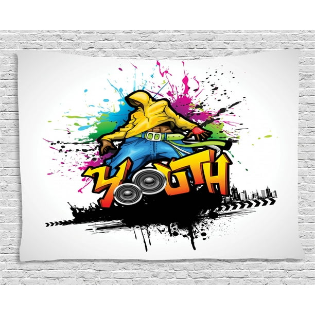 Youth Tapestry Young Man Hip Hop Culture Graffiti Art And Street Culture Performer Colorful Grunge Wall Hanging For Bedroom Living Room Dorm Decor 80w X 60l Inches Multicolor By Ambesonne Walmart Com