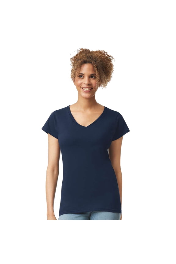 Softstyle Womens V-Neck T-Shirt, V Neck Tee for Women's, Full Cotton, Navy, L