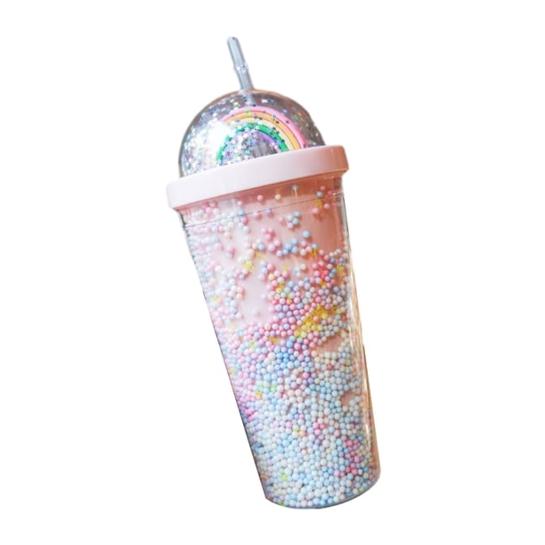 Naiovety y cómodo para beber la botella de agua plástica del iris con la taza para beber de la tapa de la paja con la tapa de la paja Teteras rosa 550ml