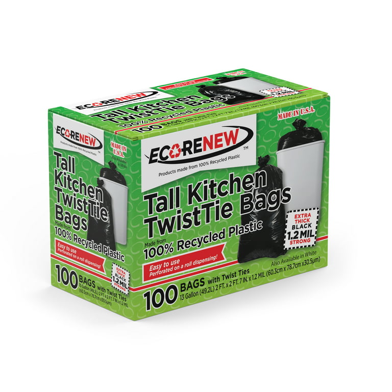Eco Renew Tall Kitchen Trash Bags with Twist Ties, Extra Thick, 13 Gallon,  Black, 100 Count