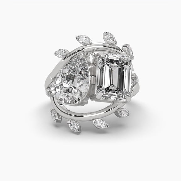 Fashionable Pear and Emerald Cut Moissanite Art Deco 18k Toi Et Moe Ring