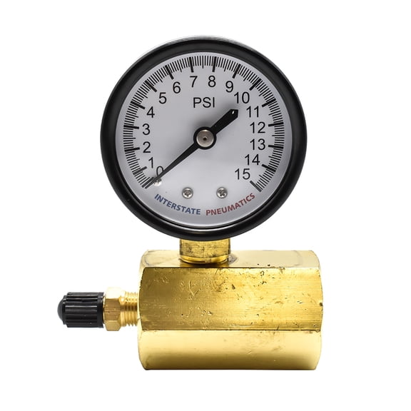 Interstate Pneumatics G2012-015GT Pressure Gauge 2 Inch 15 PSI - 1/4 Inch NPT Bottom Mount 3/4 FNPT Test with Tire Valve Fitting