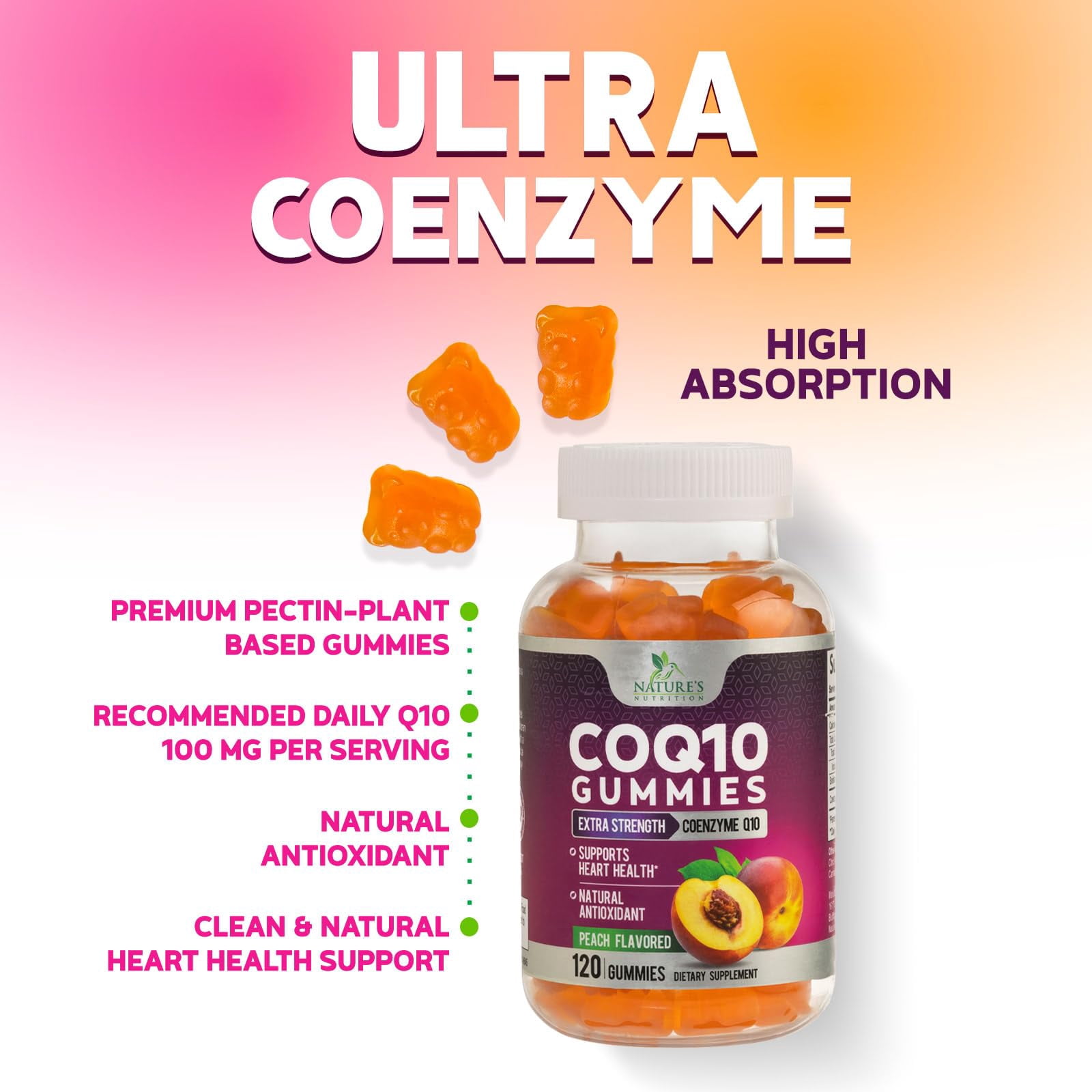 CoQ10 Gummies - Coenzyme Q10 100mg Per Serving - 3X Strength, High Absorption, Antioxidant Supplements for Heart Health Support & Energy Production, Ultra Coq 10 Vitamins Supplement - 120 Gummies